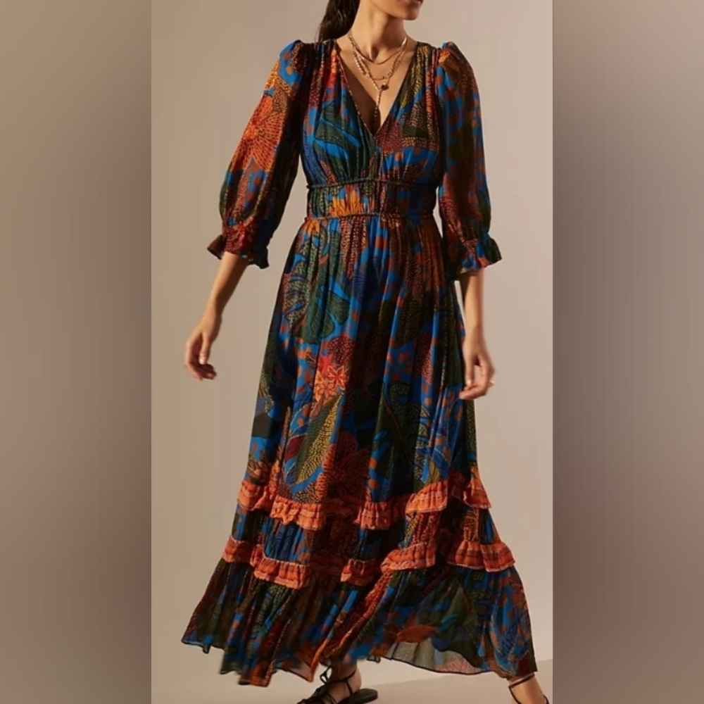 Anthropologie Farm Rio Puff sleeves Maxi Dress